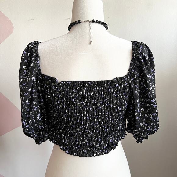 Black Smocked Puff Sleeve Top, Cottagecore Boho Witchy Gothic Victorian Small - Picture 2 of 5